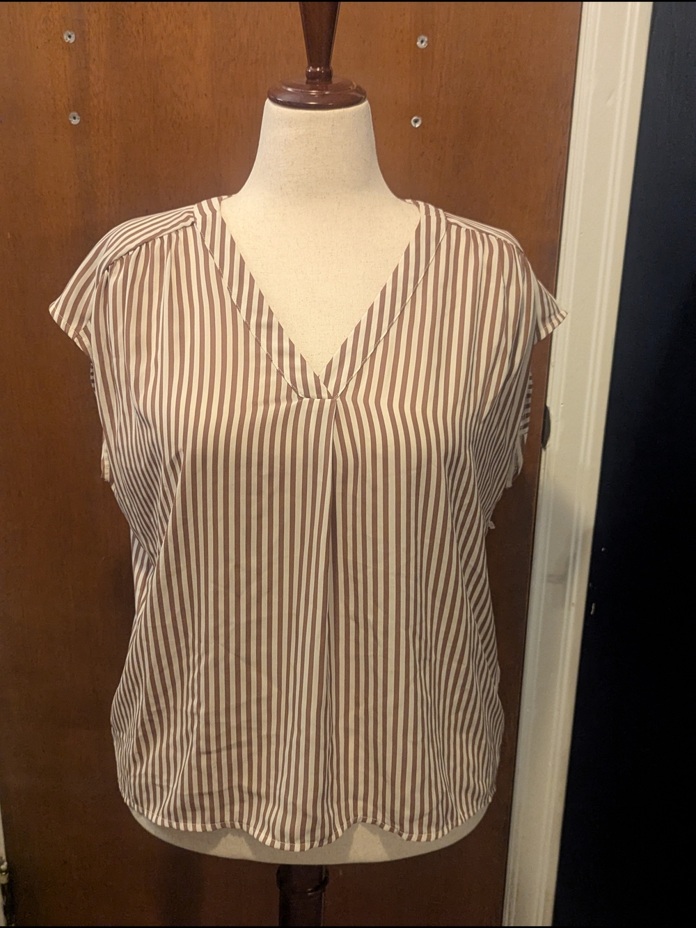 Ann Taylor Brown and White Striped V-Neck Blouse